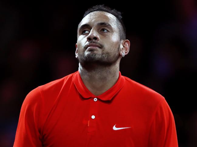 GENEVA, SWITZERLAND - SEPTEMBER 21: Nick Kyrgios of Team World reacts in his singles match against Roger Federer of Team Europe during Day Two of the Laver Cup 2019 at Palexpo on September 21, 2019 in Geneva, Switzerland. The Laver Cup will see six players from the rest of the World competing against their counterparts from Europe. Team World is captained by John McEnroe and Team Europe is captained by Bjorn Borg. The tournament runs from September 20-22. (Photo by Julian Finney/Getty Images for Laver Cup)