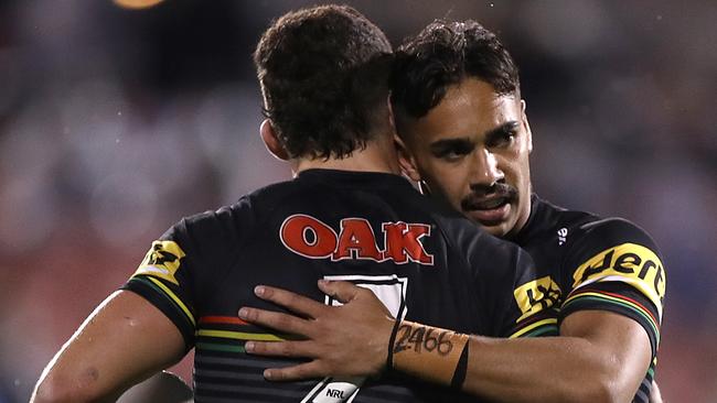 Daine Laurie of the Panthers and Nathan Cleary of the Panthers celebrate after winning the round 13 NRL match between the Penrith Panthers and the Canberra Raiders at Panthers Stadium on August 08, 2020 in Sydney, Australia. (Photo by Mark Kolbe/Getty Images)