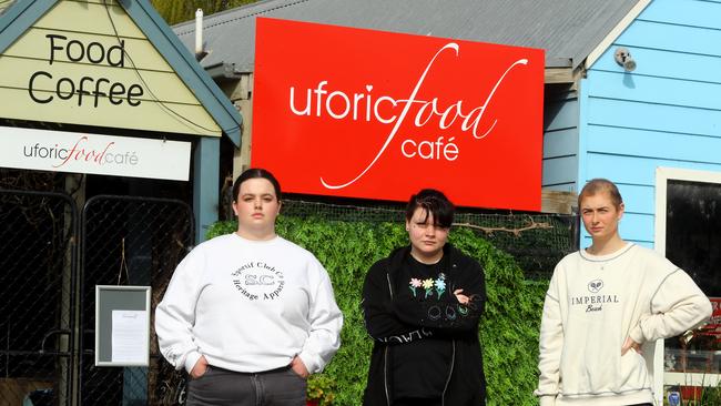 Uforic Cafe former staff members Ruby Connell, Ace Holt and Kirra Hunnam. Picture: Alison Wynd