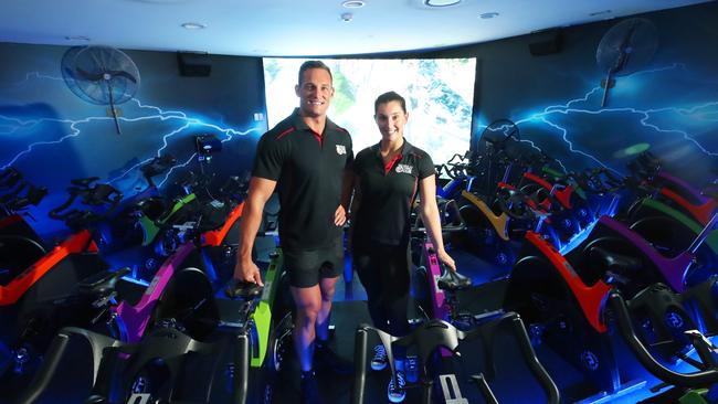 World Gym Gold Coast staff Taylor Barnes and Jade Rowe at Burleigh World Gym cycle room. Picture: Glenn Hampson