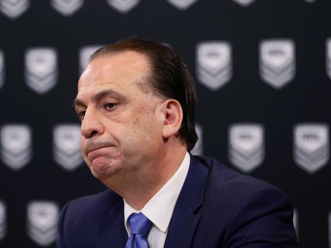 SYDNEY, AUSTRALIA - MARCH 24: ARLC Chairman Peter Vlandys speaks to the media during an NRL press conference at NRL headquarters on March 24, 2020 in Sydney, Australia. (Photo by Matt King/Getty Images)