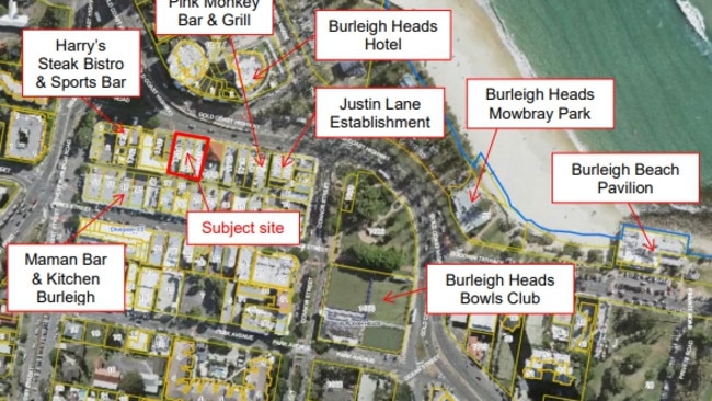 Map showing location of the Justin Lane bar which is seeking extended trading hours at Burleigh.