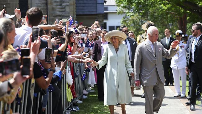 Hundreds of royal fans flocked to St Thomas's Anglican Church in North Sydney on Sunday to catch a glimpse of King Charles and Queen Camilla. Picture: NewsWire / Toby Melville