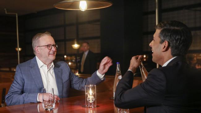 Anthony Albanese andBritish Prime Minister Rishi Sunak at RedFish Restaurant in the Gaslamp Quarter of San Diego, California, on Monday. Picture: Sandy Huffaker