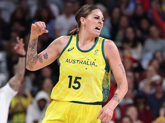 Cayla George #15 of Team Australia celebrates during the Women's Group Phase - Group B match between Team Australia and Team Canada on day six of the Olympic Games Paris 2024 at Stade Pierre Mauroy on August 01, 2024 in Lille, France. (Photo by Gregory Shamus/Getty Images)