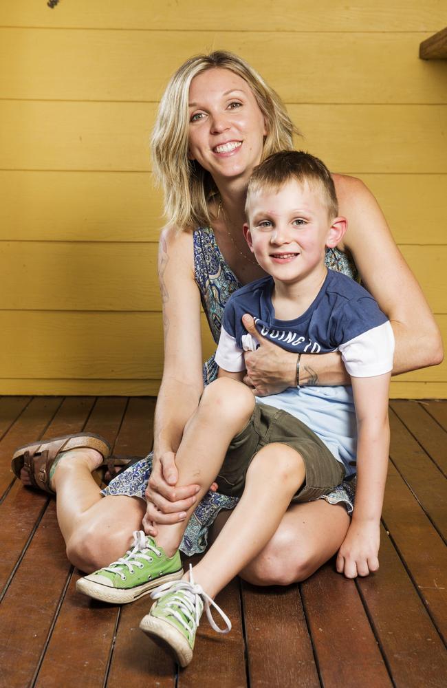 Brittany Cervantes with her son Eli Campbell who was ‘technically dead’ after being bitten by a coastal taipan. Picture: Lachie Millard