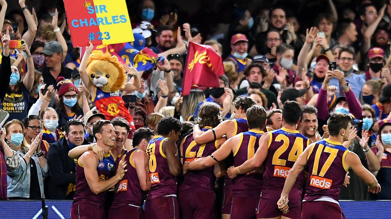 Brisbane Lions celebrate a top-four finish with victory over the West Coast Eagles. Picture: Getty