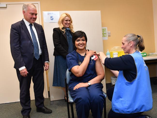 Lyell McEwin Hospital in South Australia and the COVID-19 vaccination using the Pfizer vaccine of front line workers including Dr Dharminy Thurairatnam. Picture: Keryn Stevens