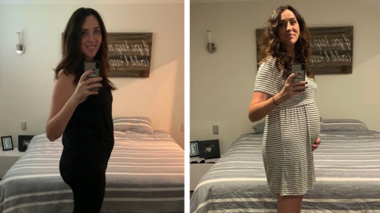My bump at 26 weeks and 32 weeks along. Picture: Supplied/Kidspot
