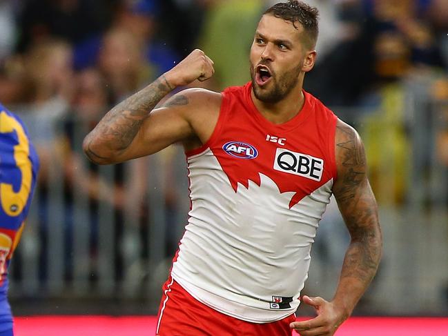 PERTH, AUSTRALIA - MARCH 25: Lance Franklin of the Swans celebrates a goal during the round one AFL match between the West Coast Eagles and the Sydney Swans at Optus Stadium on March 25, 2018 in Perth, Australia.  (Photo by Paul Kane/Getty Images)