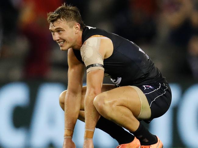 MELBOURNE, AUSTRALIA - APRIL 24: Patrick Cripps of the Blues reacts after a loss during the 2021 AFL Round 06 match between the Carlton Blues and the Brisbane Lions at Marvel Stadium on April 24, 2021 in Melbourne, Australia. (Photo by Michael Willson/AFL Photos via Getty Images)