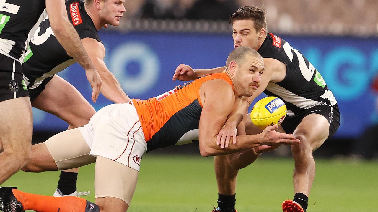 Shane Mumford’s work on the deck was impressive against the Pies. Picture: Michael Klein