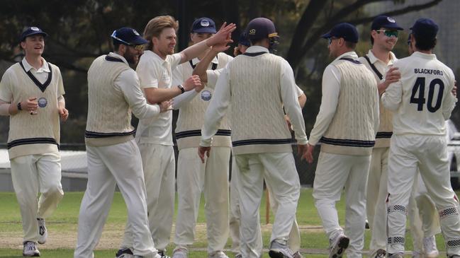 Geelong celebrate a wicket against Fitzroy Doncaster. Picture: Carey Neate.