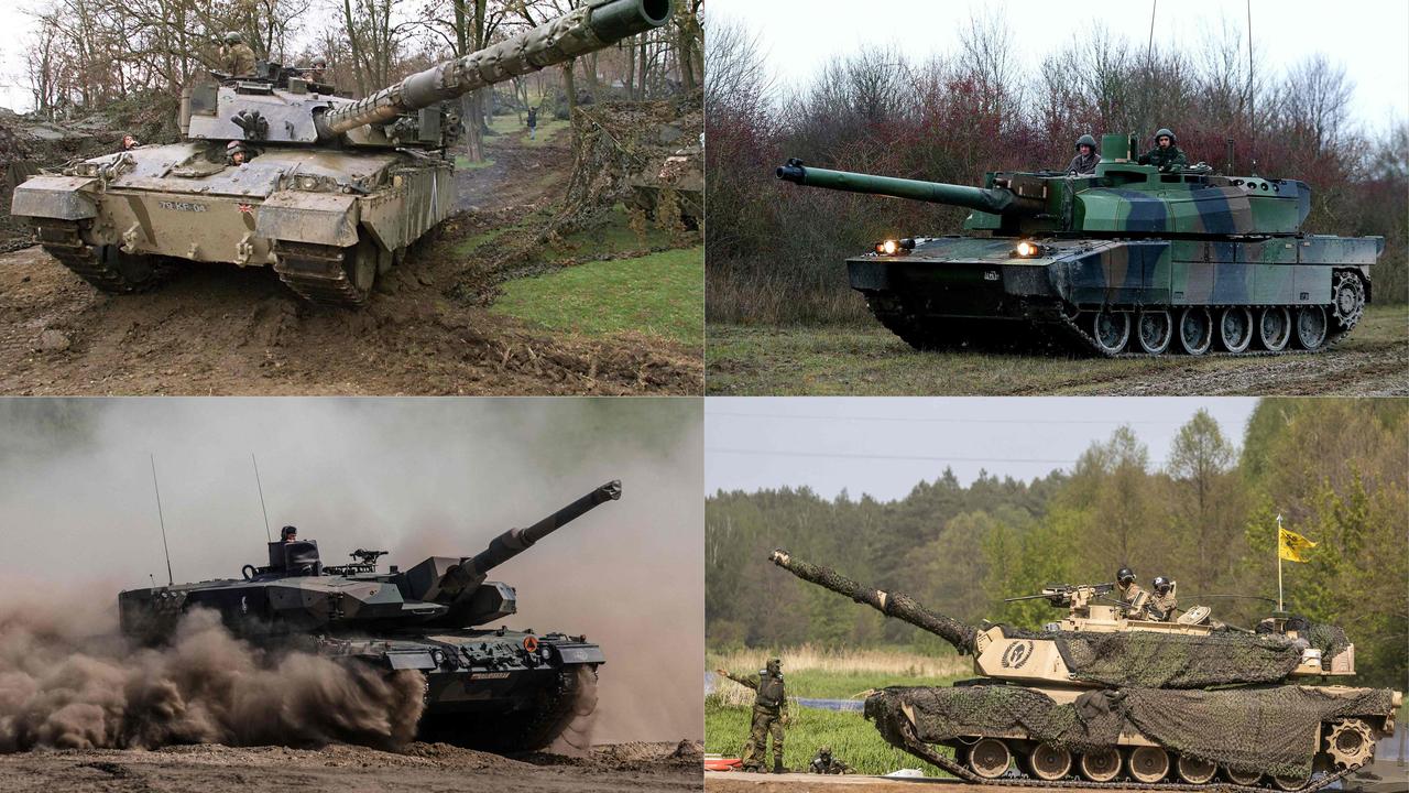 A British Challenger tank, a French Leclerc tank, aa Polish German Leopard tank, and a US Abrams. Picture: AFP