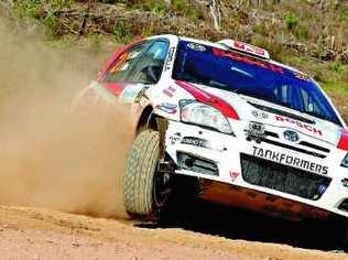 Ryan Smart pushes his Toyota Corolla to the limit on the way to his International Rally of Queensland victory. Picture: Jeremy Rogers