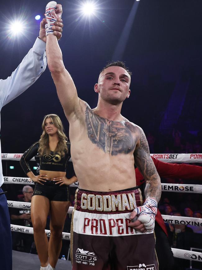 Sam Goodman celebrates defeating Chanoi Worawut during their Super Bantamweight World Title Eliminator in July. Picture: Getty Images