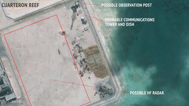 The Asian superpower appears to be building radar poles and communications equipment in the south of the outpost. Picture: CSIS Asia Maritime Transparency Initiative/DigitalGlobe