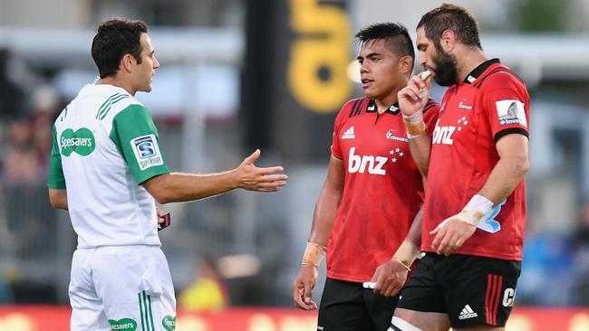 Crusaders prop Mike Alaalatoa received just a yellow card for a swinging arm.