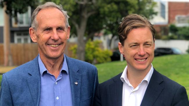 Former national Greens leader Bob Brown (left) with Prahran Greens MP Sam Hibbins. Picture: Andi Yu/AAP