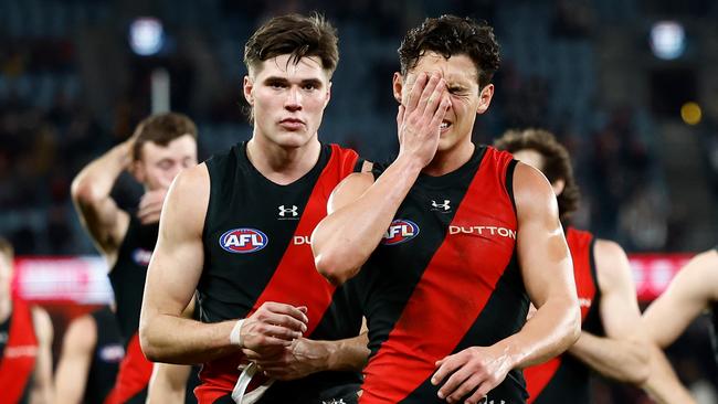 MELBOURNE, AUSTRALIA - JULY 27: Jye Caldwell of the Bombers looks dejected after a loss during the 2024 AFL Round 20 match between the St Kilda Saints and the Essendon Bombers at Marvel Stadium on July 27, 2024 in Melbourne, Australia. (Photo by Michael Willson/AFL Photos via Getty Images)