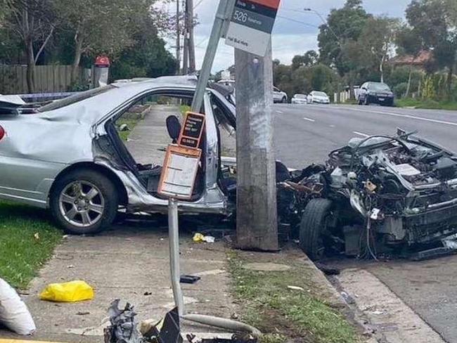 The crashed car which Oscar Mugerwa was driving in April 2023 on Murray Rd, Preston, Melbourne. Oscar later had to have the lower part of his right leg amputated. Supplied