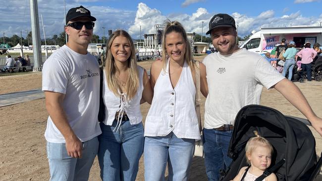 L-R: Bailey Parr, Georgia Preston, Felicia Preston, Noah Kent and baby at the Gympie Show 2025.