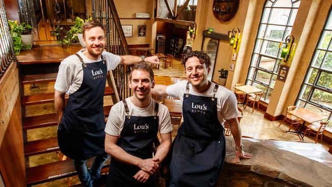 Chefs Dean Zammit, Callum Hann and Themis Chryssidis in their new restaurant, Lou’s Place, at Rowland Flat in the Barossa Valley. Picture Matt Turner.