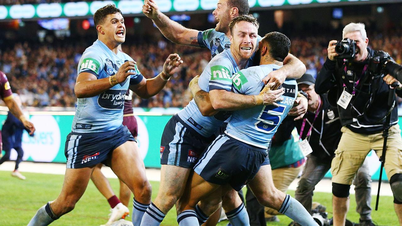 The Blues celebrate a try to Josh Addo-Carr on his debut.