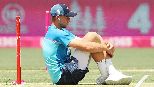 England captain Joe Root inspects the wicket during a net session at Sydney Cricket Ground on Tuesday. Picture: Getty Images