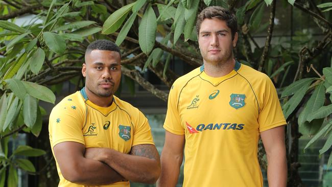 Wallabies Samu Kerevi and Rob Simmons ahead of the June Test series. Picture: Mark Cranitch.