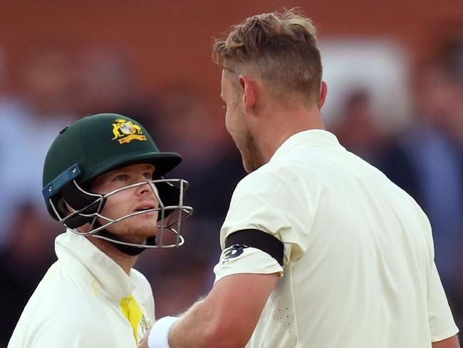 Steve Smith and Stuart Broad exchange words on Saturday.