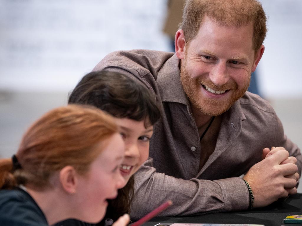 Prince Harry with elementary school students during the Invictus Games 2025 School Program Launch Event in Vancouver, Canada. Picture: Ethan Cairns/Getty Images