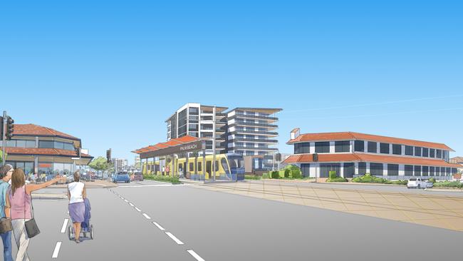 Artist impressions of Gold Coast light rail through Palm Beach. Picture: Supplied.