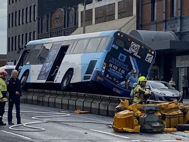 Bus crash on the corner of Victoria Rd and Lyons Rd Drummoyne. Picture Paul Mulvey