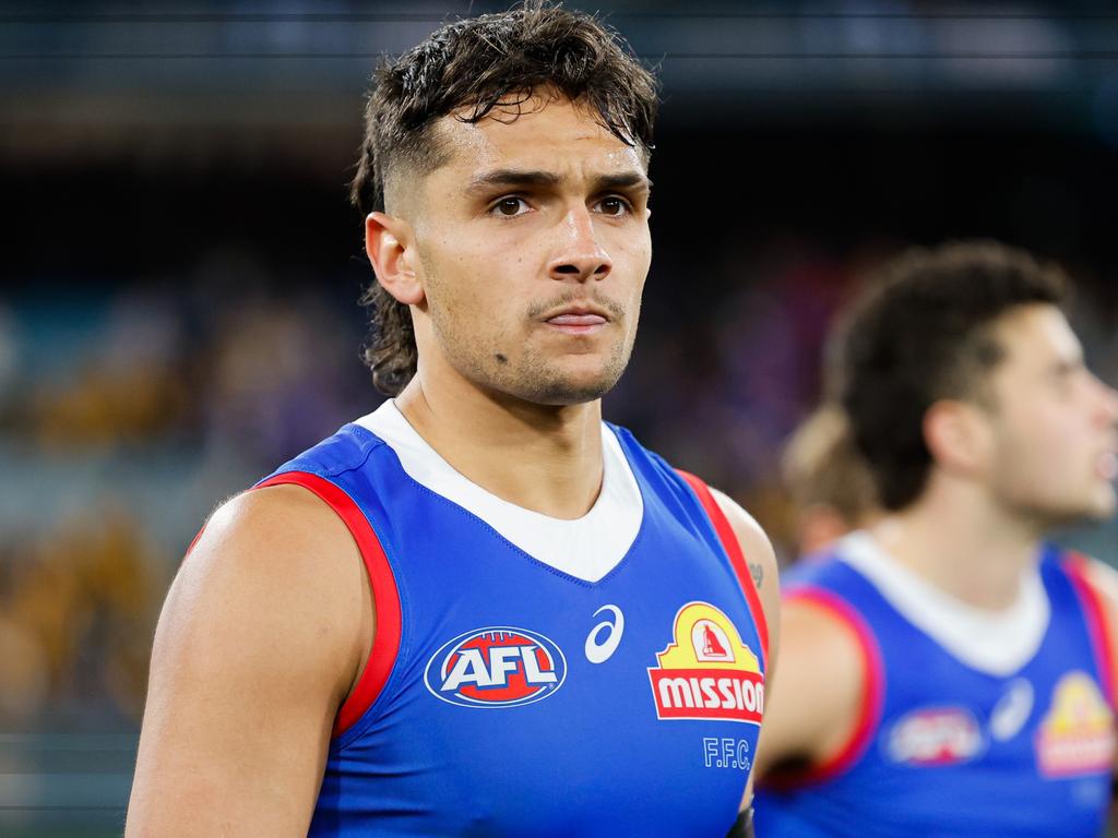 Jamarra Ugle-Hagan of the Bulldogs looks dejected after a loss during the 2024 AFL Second Elimination Final match between the Western Bulldogs and the Hawthorn Hawks at The Melbourne Cricket Ground on September 06, 2024 in Melbourne, Australia. (Photo by Dylan Burns/AFL Photos via Getty Images)