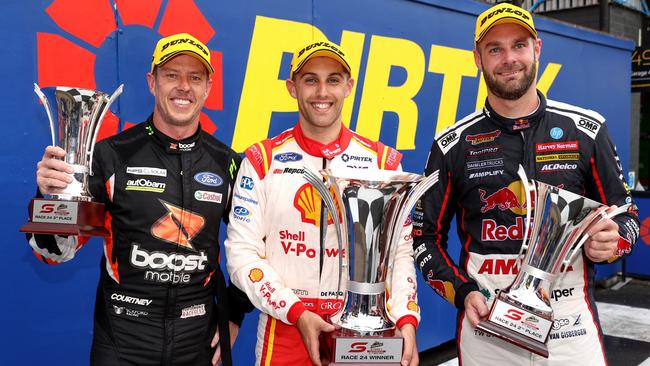 The podium men James Courtney, Anton De Pasquale and Shane van Gisbergen. Picture: Getty Images