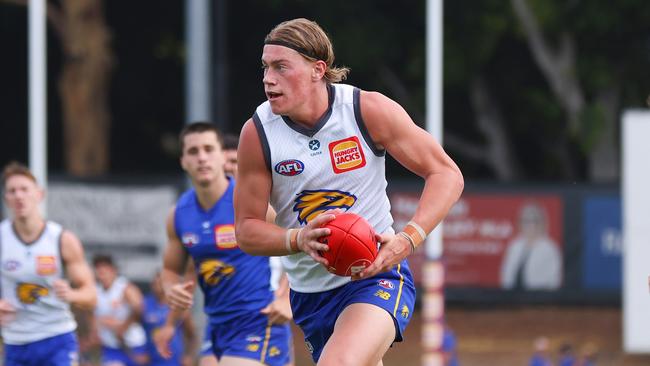 PERTH, AUSTRALIA - FEBRUARY 17: Harley Reid of the Eagles runs away with the ball during the West Coast Eagles AFL Intra Club match at Mineral Resources Park on February 17, 2024 in Perth, Australia. (Photo by James Worsfold/AFL Photos/via Getty Images)