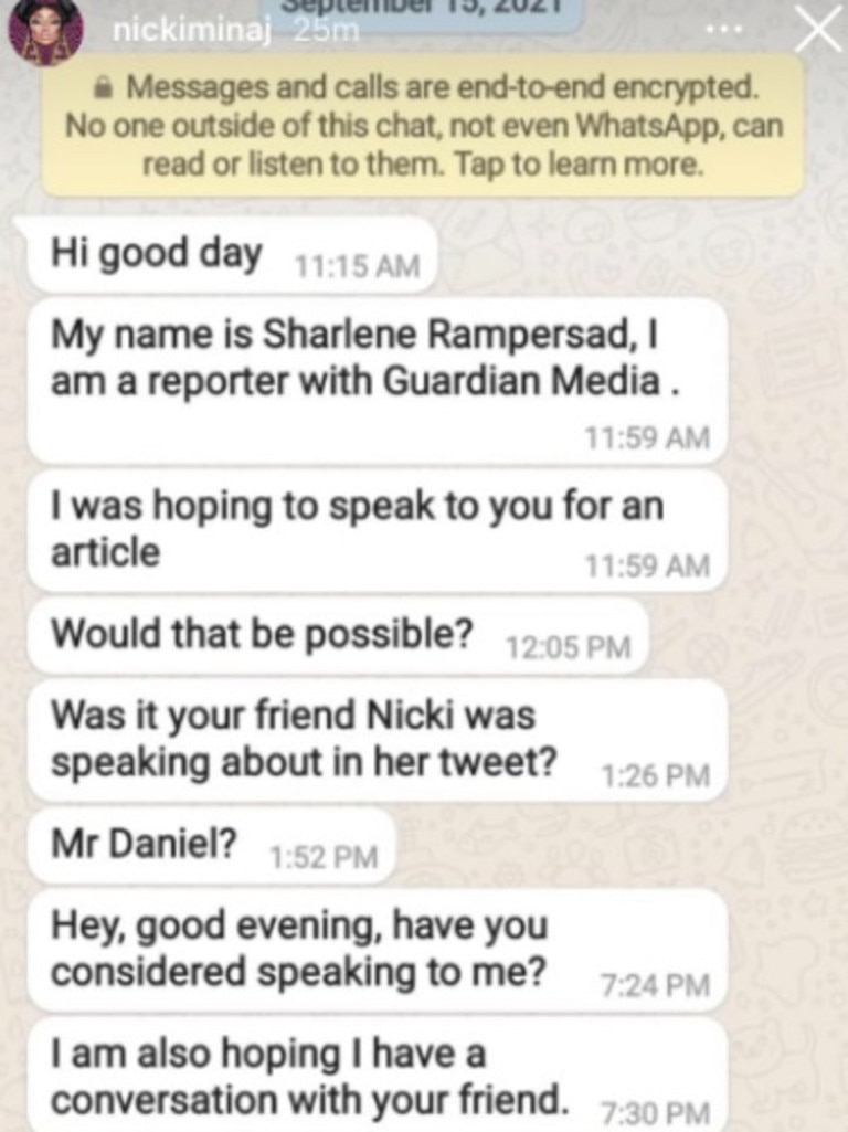 She shared screenshots allegedly sent from a Trinidad Guardian reporter to her friend’s cousin.