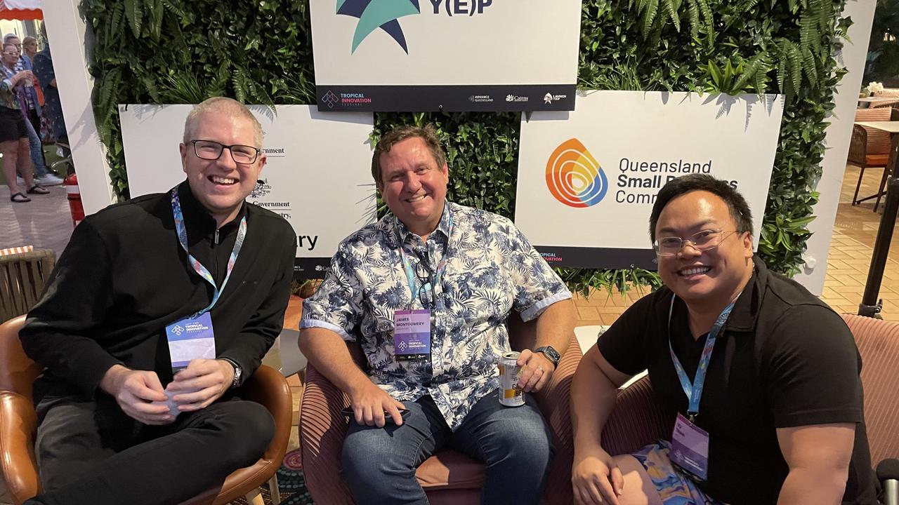 Keynote speakers Marc Orchard, James Montgomery and Vu Tran attend the Tropical Innovation Festival in Cairns. Photo: Catherine Duffy.