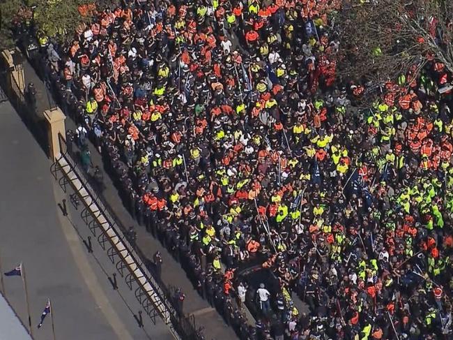 CMFEU rally. Demonstrators gathered in Sydney CBD with road closures along Macquarie Street and Elizabeth Street. Picture: Nine News