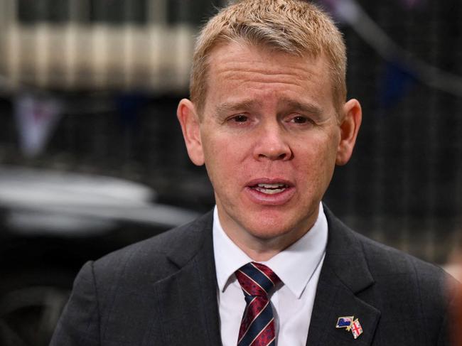 New Zealand's Prime Minister Chris Hipkins reacts as he speaks to the press following a meeting with Britain's Prime Minister at Number 10 Downing Street, in London on May 5, 2023. (Photo by Daniel LEAL / AFP)