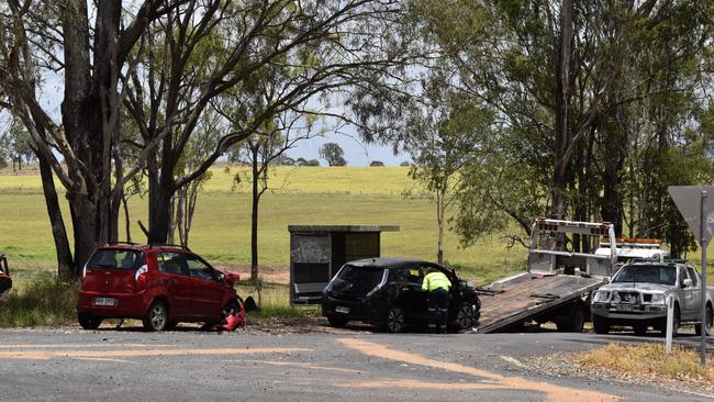 Emergency crews responded to a two-vehicle crash on the Brisbane Valley Highway at Leschkes Road on Wednesday. Photo: Hugh Suffell