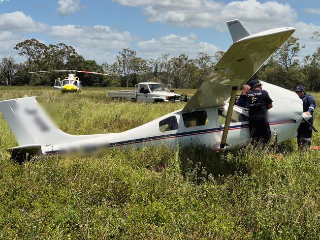 The Bundaberg-based LifeFlight aeromedical crew today airlifted a man to hospital following a light plane crash. Photos: LifeFlight