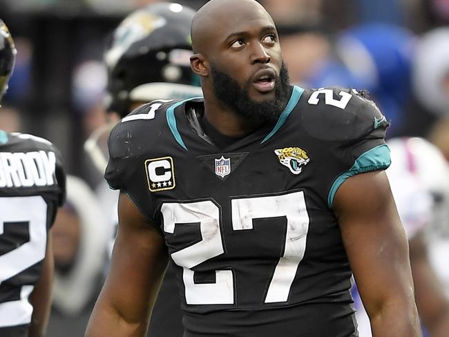 Jacksonville Jaguars running back Leonard Fournette (27) looks on after being ejected after an altercation with Buffalo Bills defensive end Shaq Lawson during the second half of an NFL football game, Sunday, Nov. 25, 2018, in Orchard Park, N.Y. (AP Photo/Adrian Kraus)