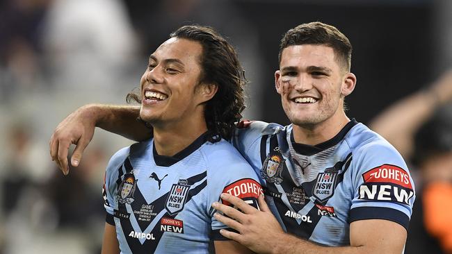 TOWNSVILLE, AUSTRALIA – JUNE 09: Nathan Cleary and Jarome Luai of the Blues celebrate after winning game one of the 2021 State of Origin series between the New South Wales Blues and the Queensland Maroons at Queensland Country Bank Stadium on June 09, 2021 in Townsville, Australia. (Photo by Ian Hitchcock/Getty Images)