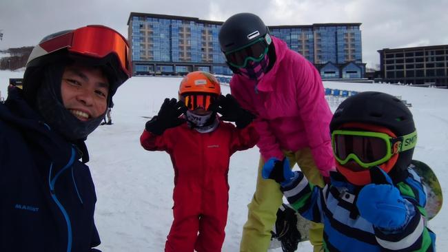 Melbourne dad Nghia Ta, 43, with wife I-Hsin Tseng and children Jaime, 6, and Ethan, 3, on a family ski trip.