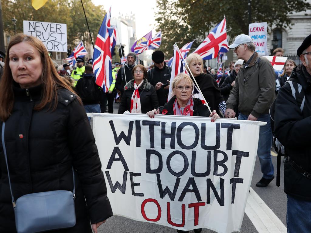 Pro-Brexit activists march outside the Houses of Parliament on what would have been the day that the United Kingdom left the European Union, on October 31. Picture: Getty