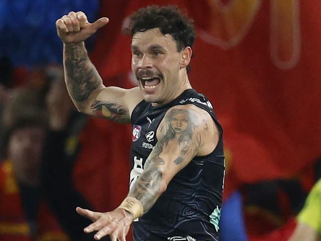 MELBOURNE , AUSTRALIA. May 25, 2024.  Carlton vs Gold Coast Suns at Marvel Stadium.    Zac Williams of the Blues celebrates a 1st quarter goal with an indigenous dance   . Pic: Michael Klein