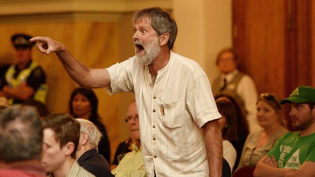 A passionate anti-nuclear waste supporter gets fired up at the Public meeting at Adelaide Town Hall to discuss tentative findings of Nuclear Fuel Cycle Royal Commission. picture: Bianca De Marchi