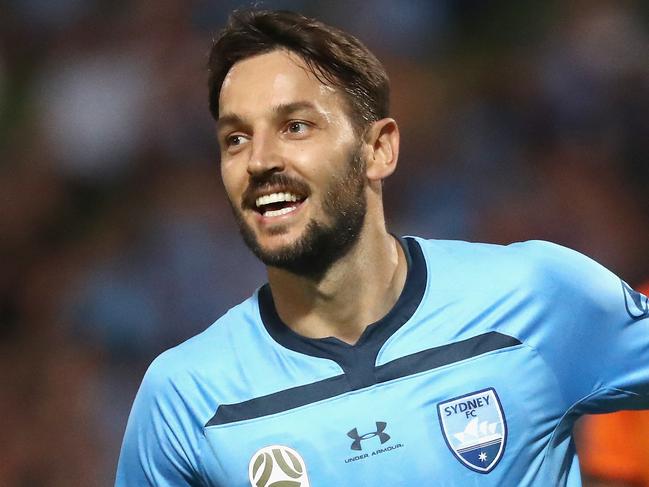 Milos Ninkovic of Sydney FC celebrates scoring a goal during the Round 9 A-League match between Sydney FC and Brisbane Roar at Netstrata Jubilee Stadium in Sydney, Saturday, December 7, 2019. (AAP Image/Jeremy Ng) NO ARCHIVING, EDITORIAL USE ONLY